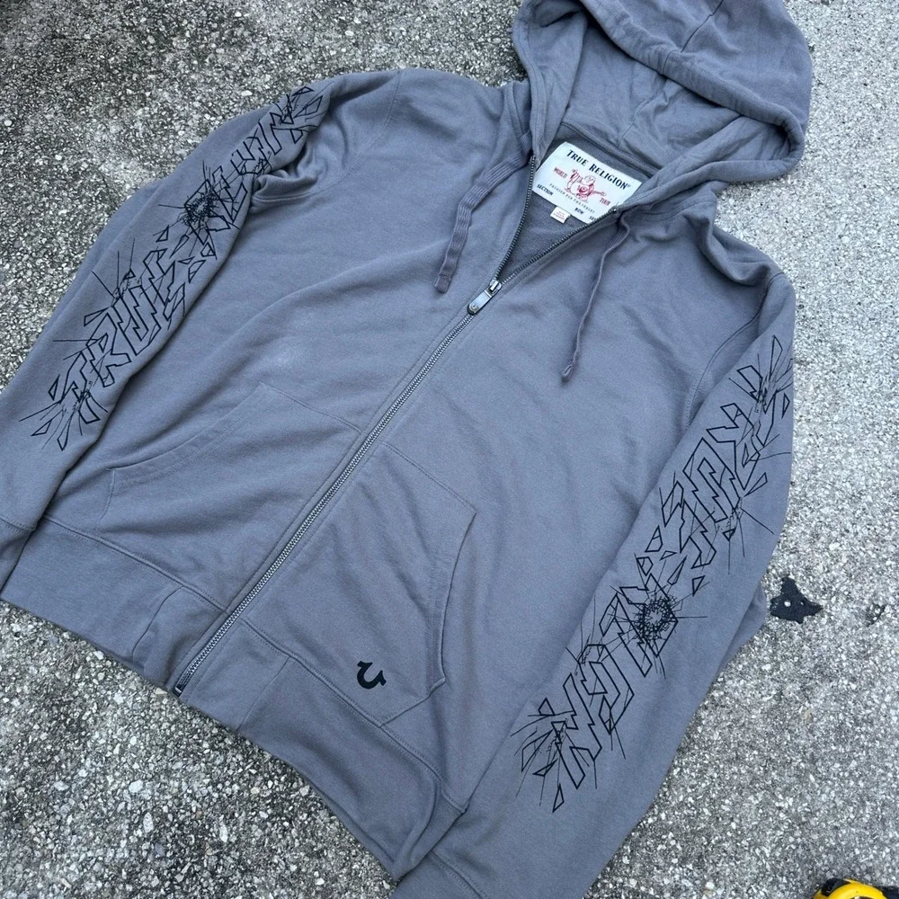 True Religion Mens Gray Graphic Sleeve Full Zip Hoodie Sweatshirt Size M